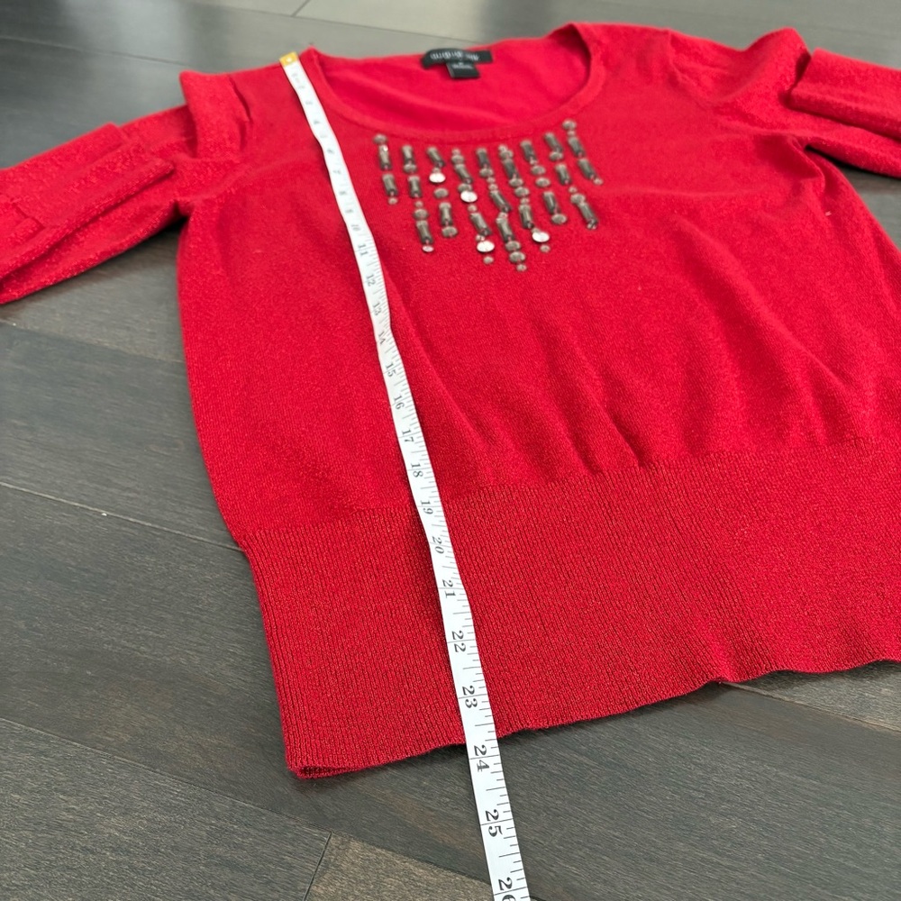FLAWED August Silk Red Embellished Sparkly Sweater Top 3/4 Sleeves Valentine’s - Picture 11 of 12